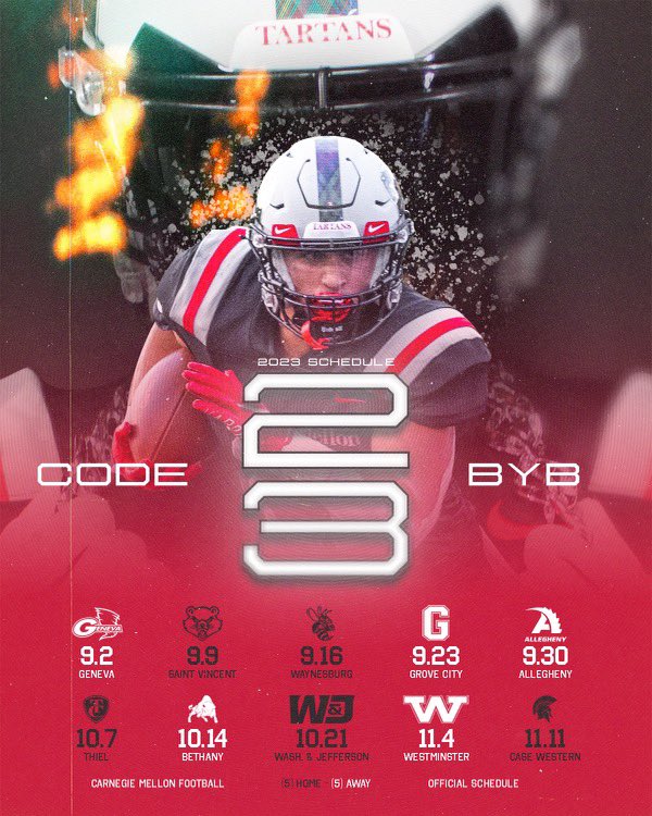 Here’s our 2023 schedule! Kickoff times TBA.
.
.
.
#CODE | #BYB | #RDT

<a href="/PAC_Athletics/">Presidents’ Athletic Conference</a> <a href="/d3football/">D3football.com</a> <a href="/D3FBHuddle/">In The (D3FB) Huddle</a> <a href="/FrankRossi/">Frank Rossi</a> <a href="/tartanathletics/">Carnegie Mellon Athletics</a> <a href="/CarnegieMellon/">Carnegie Mellon University</a> <a href="/CoachRyanLarsen/">Ryan Larsen</a> <a href="/KDKA/">KDKA</a> <a href="/WPXI/">WPXI</a>