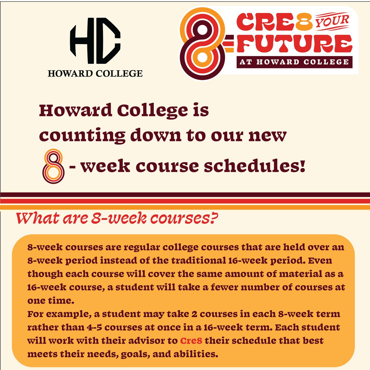 HC_BigSpring's tweet photo. The countdown to registration is on! Let's Cre8 YOUR Future!
 
This year, HC is rolling out an 8-week course model, starting in the Fall.
What is an 8-week course schedule and how does it affect you? For more info, visit https://t.co/nIM8UbAyQM
 
#Cre8YOURFuture #HowardCollege https://t.co/ZhzS1mz91A