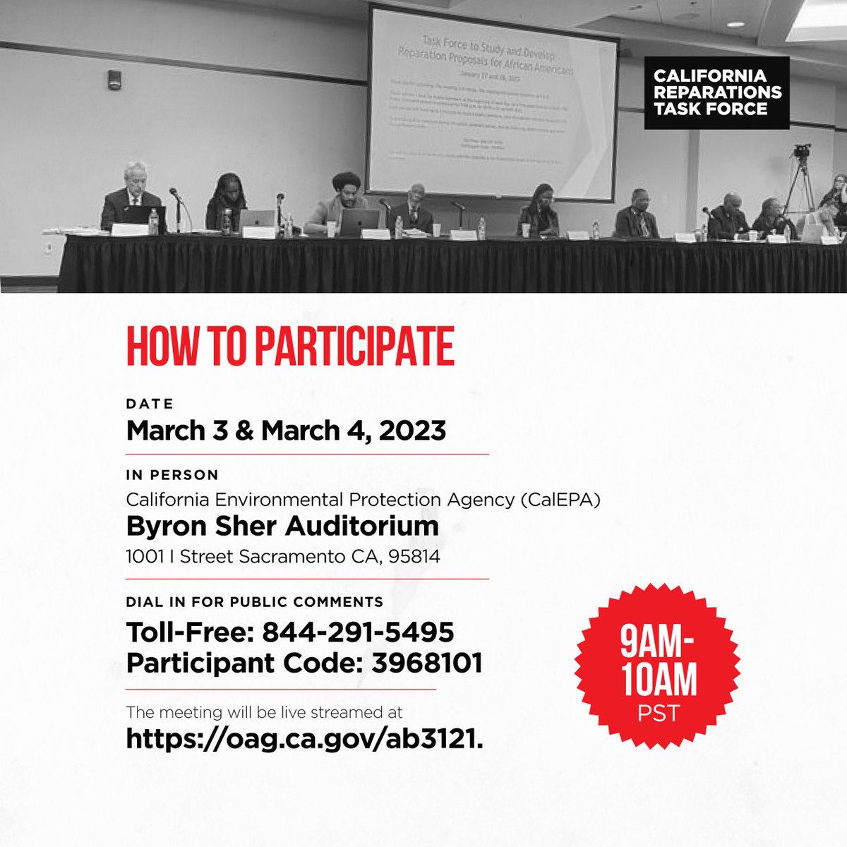 CASOSVote's tweet image. Reminder: The California Reparations Task Force to Study and Develop Reparation Proposals for African Americans meets March 3 &amp;amp; 4 in Sacramento, CA.  Join in-person during public comments or virtually. More at oag.ca.gov/ab3121 #californiareparationstaskforce