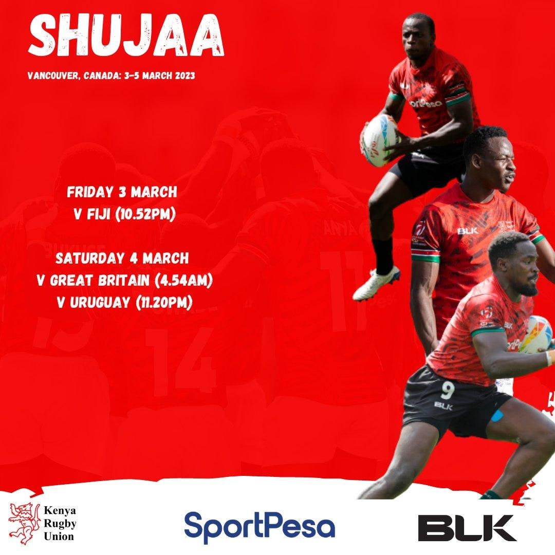 Kenya 7s will be in action this weekend at the Vancouver 7s .

Shujaa are in Pool C alongside Fiji, Great Britain and Uruguay.

#Kenya7s #Shujaa #Sydney7s #Hamilton7s #Dubai7s #HongKong7s #CapeTown7s #HSBC7s #Rugby7s #LosAngeles7s #LA7S #Vancouver7s