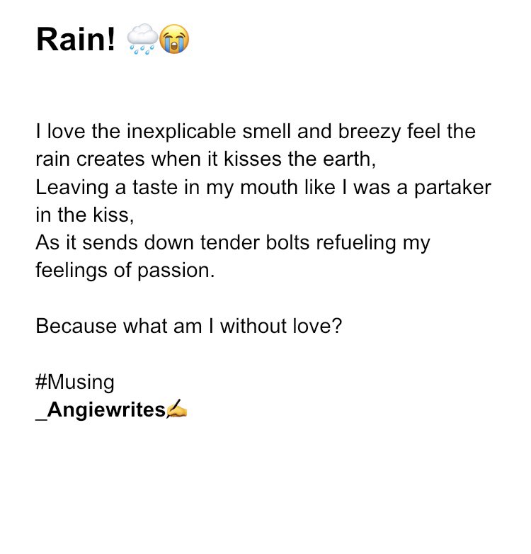 iam_angiewrites's tweet photo. Just something little, because I’m in my feelings and it’s raining.

PS: #HappyInternationalWritersDay 

#Rain #Feeling #Writer #Angiewrites https://t.co/lr5aBmvmlX
