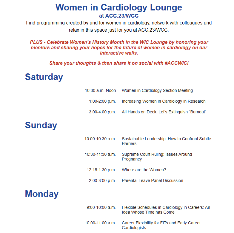 Women in Cardiology #ACCWIC Lounge Programming at #ACC23 #WCC in #NOLA

Everyone is invited ‼️

@ACCinTouch @JACCJournals #ACCIC #ACCimaging #CardioInnovation #ACCCriticalCare #ACCVascular #FutureHub #ACCACPC #ACCCVT #ACCFIT #ACCEarlyCareer