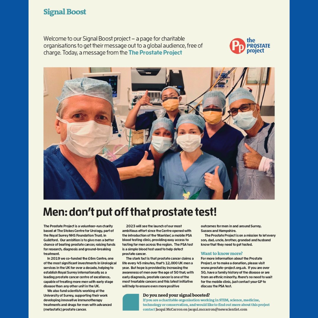 The Prostate Project (@_prostateprojec) on Twitter photo We are thrilled to be featured in Signal Boost, in this week's edition of New Scientist magazine, sharing our message for men to get a PSA test. <a href="/newscientist/">New Scientist</a> #theprostateproject #prostatecancerawareness We are thrilled to be featured in Signal Boost, in this week's edition of New Scientist magazine, sharing our message for men to get a PSA test. <a href="/newscientist/">New Scientist</a> #theprostateproject #prostatecancerawareness