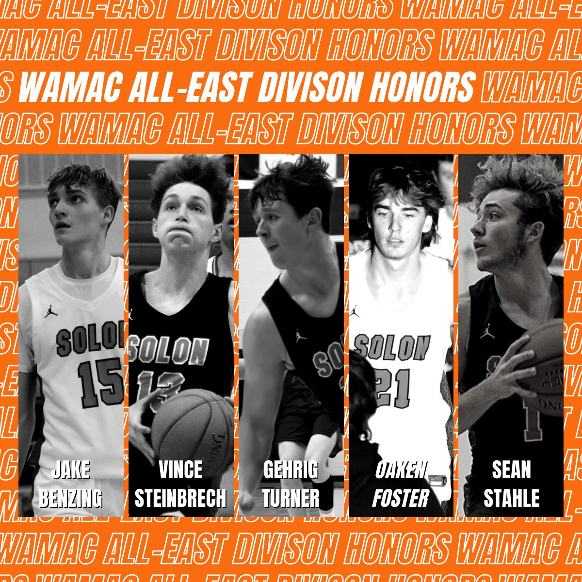 Congratulations to the 5 players who represented Solon in the WAMAC All-East Division Honors! First Team - @JakeBenzing1 Second Team - @GehrigTurner Second Team - @VinceSteinbrech Honorable Mention - @OakenFoster10 Honorable Mention - @StahleSean #SolonStrong