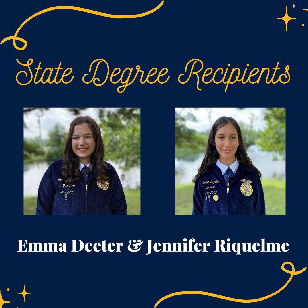 MUMVCTCFFA's tweet photo. Congratulations to the following members who will receive awards at the upcoming FFA Conventions!

State Degree Recipients: Emma Deeter &amp; Jennifer Riquelme

Gold Rated Officer Books: Allyson Stinson, Gavin Spitler, &amp; Emma Deeter.

American Degree Candidate: Darby Welbaum https://t.co/z1M4nl1mbv
