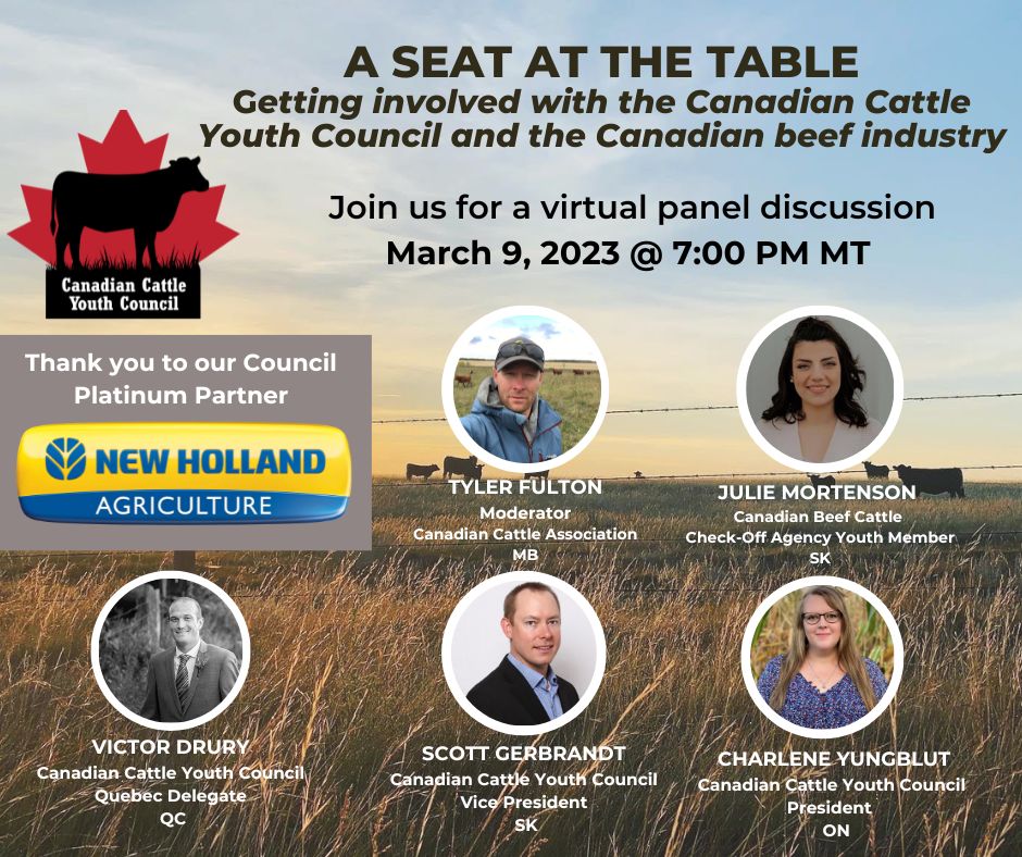 The Canadian Cattle Youth Council is hosting a webinar on Thursday, March 9th aimed at young people in the beef industry. 

Click here to register: bit.ly/3IIG80U