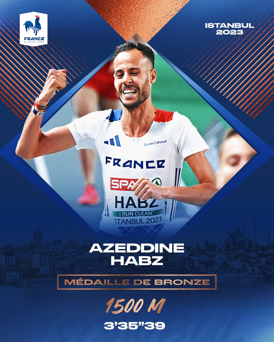 FFAthletisme's tweet photo. 🥉 𝗠𝗲́𝗱𝗮𝗶𝗹𝗹𝗲 𝗱𝗲 𝗯𝗿𝗼𝗻𝘇𝗲 !

🇫🇷 Azeddine Habz se classe 3e de la finale du 1500 m des Championnats d'Europe en salle en 3'35''39 à #Istanbul2023 !

👏 Premier podium pour l'équipe de France en Turquie ! https://t.co/c3Je0JkgyI