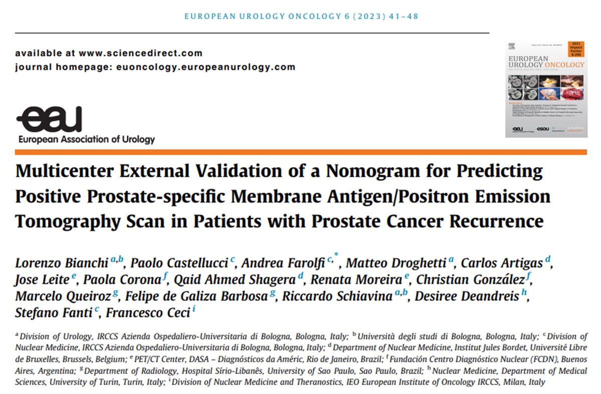 This month’s <a href="/EurUrolOncol/">European Urology Oncology</a> #SoMe Award is presented to

Multicenter External Validation of a Nomogram for Predicting Positive #PSMA #PET in pts with #ProstateCancer Recurrence

rb.gy/goflnb 

Congrats to <a href="/Lorenzo26232839/">Lorenzo Bianchi</a> <a href="/UniBo/">Università di Bologna</a>

#uroonc #GUcancer #GUoncology #UroSoMe