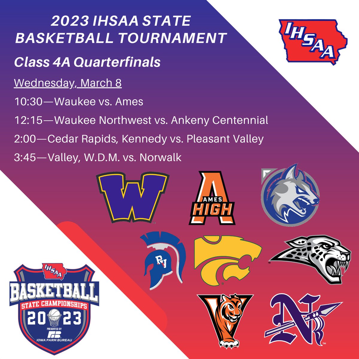 Going to be hard to wait until Wednesday for this Class 4⃣🅰️#iahsbkb tournament! 
📍Wells Fargo Arena
🎟️bit.ly/3kEh9mt
🎥watch.ihssn.com/browse
🏀iahsaa.org/basketball/sta…
