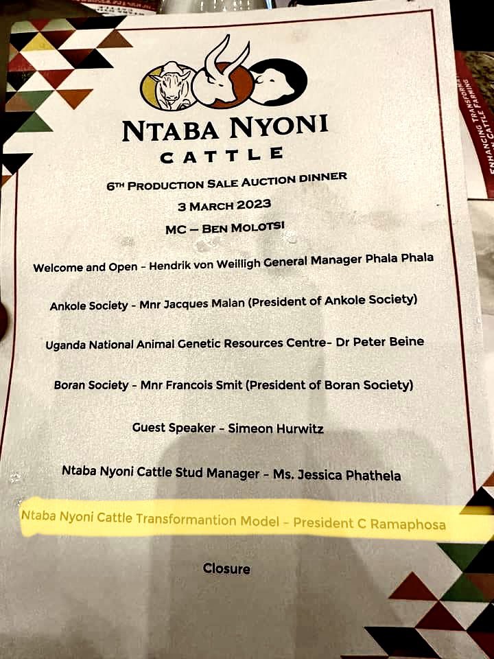 niehaus_carl's tweet photo. He is ill. 
He has flu. 
He procrastinates. 
He delays reshuffling. 

But @CyrilRamaphosa is in attendance, and is a speaker at the Ankole Auction! https://t.co/5PdamJoX7X