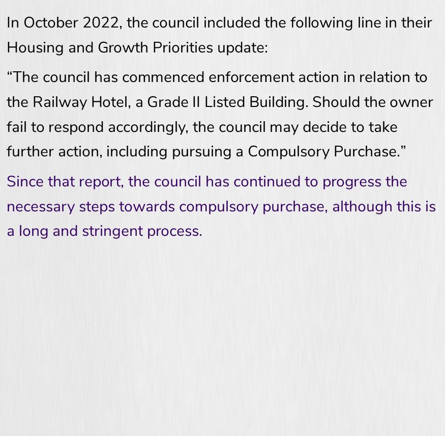 An update on the #RailwayHotelEdgware - "the council has continued to progress the necessary steps towards compulsory purchase"