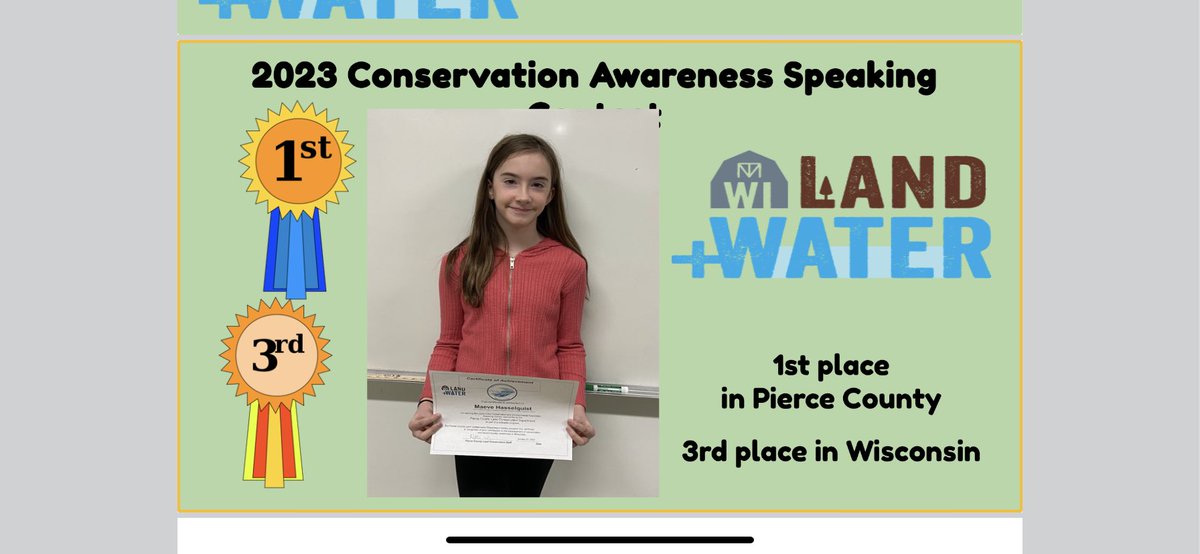 RickSpicuzza's tweet photo. Congratulations to Prescott students. Grade 5 Maeve takes 3rd place at WI Statewide competition. Thanks to coach Michelle Jansen. #hereforthekids https://t.co/NvMWBVaT72
