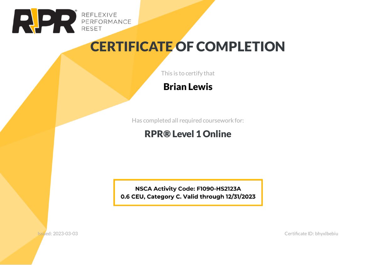 CoachBrianLewi2's tweet photo. Excited about implementing RPR into our program.  I am looking forward to completing level 2 and attending clinics.  #RPR #amf #ar3 #6squad  #reflexiveperformancereset #cns https://t.co/fC1KzkFQhn