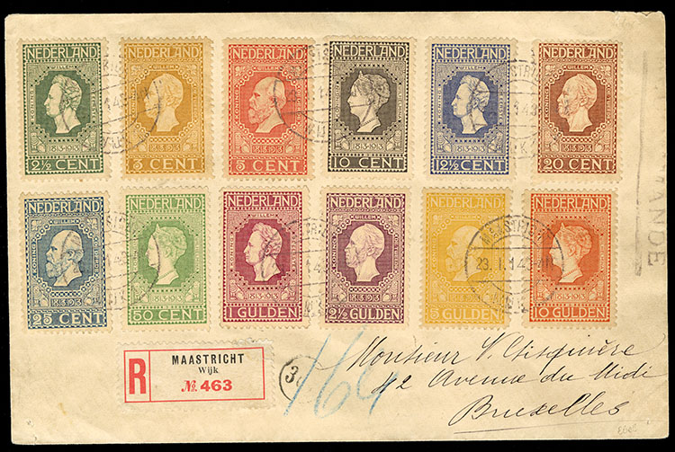 March Auction Highlight - Lot 858 Netherlands
1913 King William I, complete set used on registered cover from Maastricht (23.1.14) to Brussels, with arrival pmk, most attractive and scarce complete set on cover - Presale Estimate $750
cherrystoneauctions.com
#philately