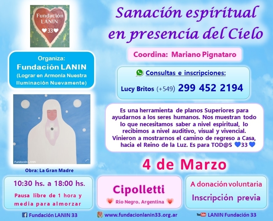 FundacionLanin's tweet photo. #Sabado4deMarzo
#marzo2023 ✨️
#cipolletti 🌈
💗 Taller vivencial a donación voluntaria 💗
Coordina: Mariano Pignataro
💟 Consultas e inscripción:
📲 Lucy Britos (+549) 299 452 2194
#RíoNegro #Patagonia
#Espiritualidad
#paratodos
#tallervivencial #findeseman https://t.co/19Ep68nmma