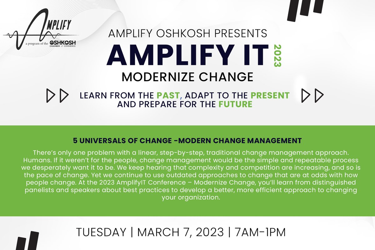 AmplifyOsh's tweet photo. There is still time to register for the Amplify IT 2023 - Modernize Change conference!

Join us this Tuesday, March 7th, from 7am-1pm at the UWO Culver Family Welcome Center.

Register today: https://t.co/yfY9sD4sA9 https://t.co/1b1iI7bFSA