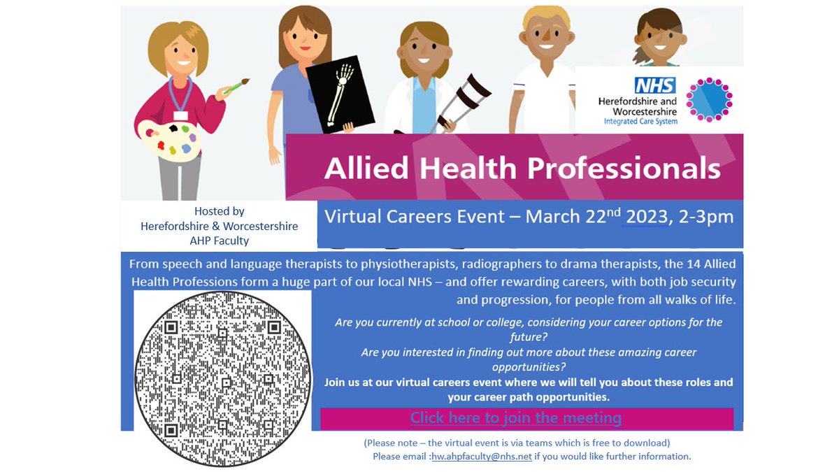 We are hosting a virtual careers event on March 22nd 2-3 pm. Please follow the link below to join the event or use the QR code. Hear about the different AHPs and career path opportunities! #ahpcareers #healthcareers #virtualevent #herefordshirecareers #worcestercareers #AHP