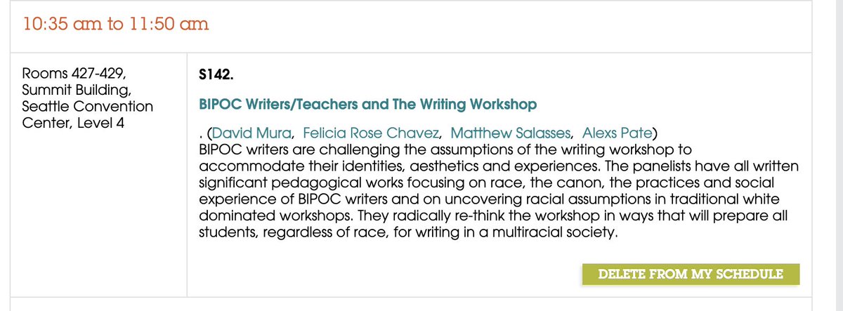 So excited about this @awpwriter panel with @MuraDavid, @writeantiracist, @salesses! Reading their books led me to completely change how I set up my latest fiction workshop group (i.e., not the Iowa model). #AWP2023