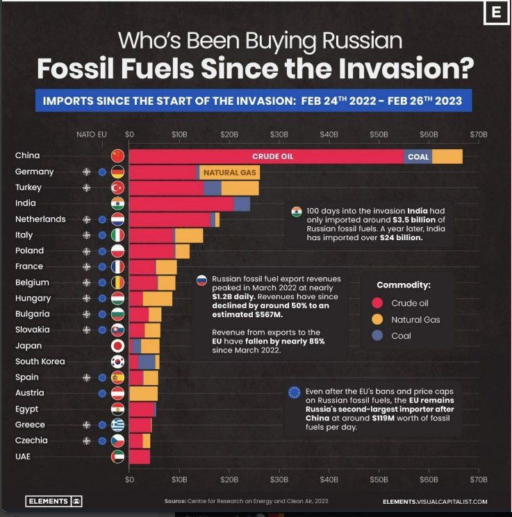 Countries that bought the most  Russian fossil fuels.