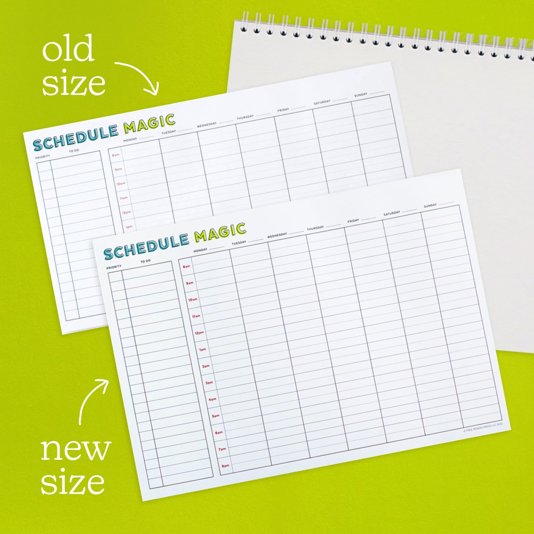 We heard you! Your day doesn't end at 6pm, and neither should your planner. We edited our Weekly Schedule Magic notepad to be a smidge taller (7.75"x11" instead of 6"x11"), allowing the time slots to go from 8am to 9pm. freeperiodpress.com/collections/ne…