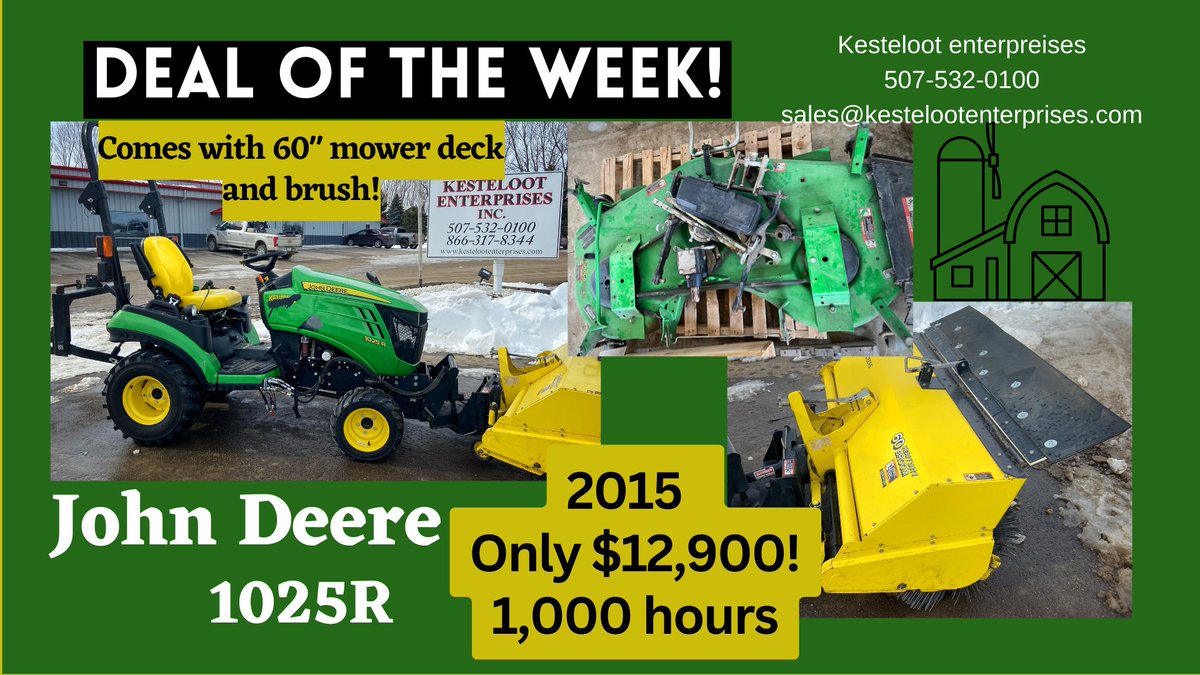 KestelootI's tweet photo. Our last deal of the week sold quickly so here is another deal for you! Brush and deck included! Just think about this one deal that will help you accomplish countless projects! 
#johndeere #johndeeretractor #deere #tractoroftheweek #tractordeals #deeremower https://t.co/vsiFYvpG7e