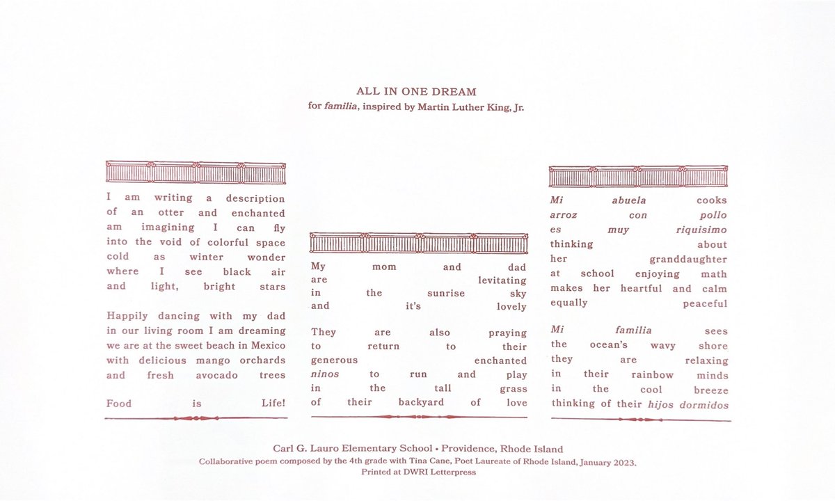 This year 20 Ss participated in a 6-week workshop with RI Poet Laureate, Tina Cane. Today Tina hand delivered a letterpress print of a poem they wrote collaboratively. It’s a concrete poem, shaped like our building to serve as a reminder of their time at Lauro. Check it out! 🥹💕