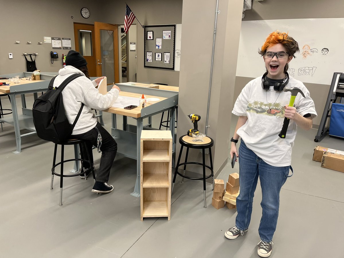 Lots of creativity going on in the lab. DF2 students are finishing up their first CNC projects.  They did a great job designing, cutting and finishing their wood creations.  They also helped with banners for North’s Drama Club.