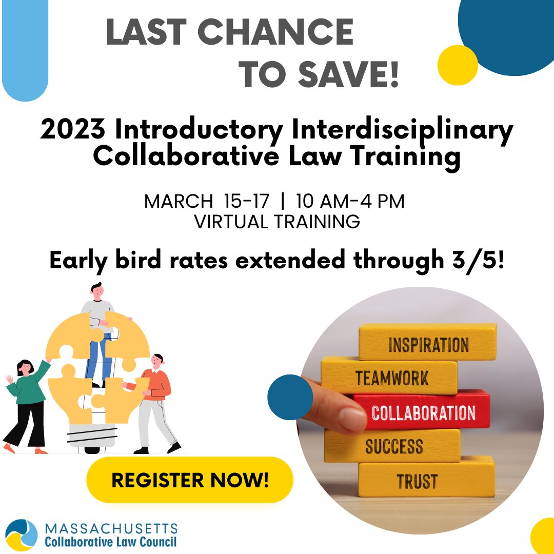 Have you been meaning to sign up for the 2023 Intro Training and join the Collaborative community? Early bird rates have been extended through Sunday, March 5. Register today and save! 

#collaborativelaw #introtraining