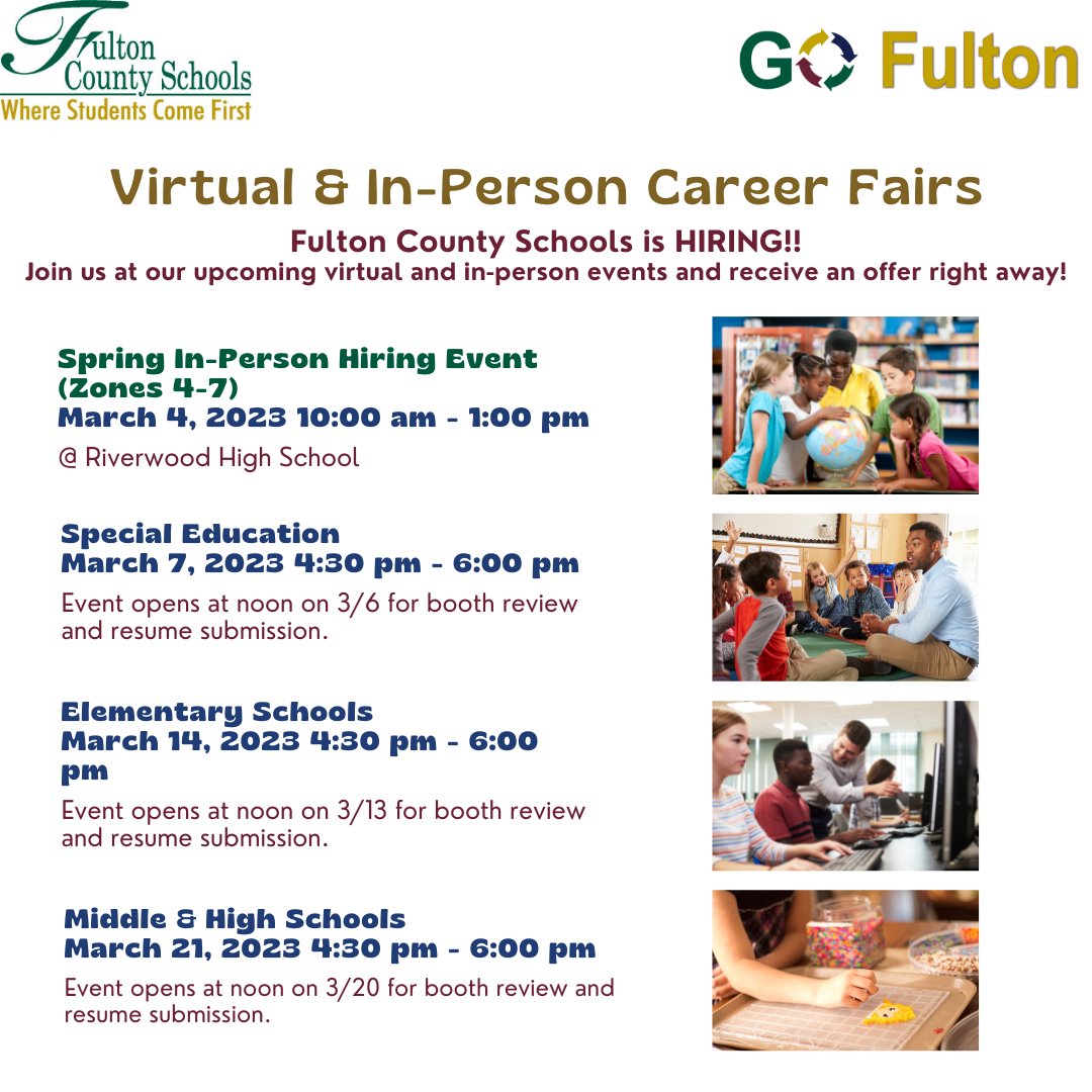 📢You don't want to miss our March virtual & in-person events!! Join us and meet Hiring Managers in Fulton schools. Offering early contracts for next school year! #HiringTeachers #GrowInFulton 📆Register Today: ow.ly/kV1I50N8z8k @FultonCoSchools