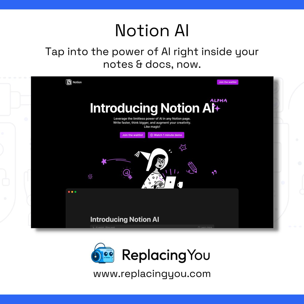Replacing You (@replacingyouai) on Twitter photo Featured in this week's #AInewsletter for #creatives:
<a href="/firefliesai/">Fireflies.ai</a>
<a href="/VowelHQ/">Vowel: AI-powered meetings β¨</a>
<a href="/slidesai/">Slides.ai</a>
<a href="/NotionHQ/">Notion</a>
& more #aitools
Join a community of 1k+ next-gen creatives at replacingyou.com Featured in this week's #AInewsletter for #creatives:
<a href="/firefliesai/">Fireflies.ai</a>
<a href="/VowelHQ/">Vowel: AI-powered meetings β¨</a>
<a href="/slidesai/">Slides.ai</a>
<a href="/NotionHQ/">Notion</a>
& more #aitools
Join a community of 1k+ next-gen creatives at replacingyou.com