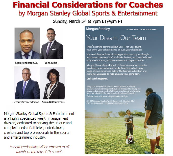 National Coalition of Minority Football Coaches (@ncmfc1) on Twitter photo Don't miss this virtual training on Sunday, March 5th at 7pm ET/4pm PT by <a href="/MorganStanley/">Morgan Stanley</a> GSE!
As a coach, there are many financial considerations you need to account for as you navigate your journey. We will address these in this session.
Learn more: morganstanley.com/gse Don't miss this virtual training on Sunday, March 5th at 7pm ET/4pm PT by <a href="/MorganStanley/">Morgan Stanley</a> GSE!
As a coach, there are many financial considerations you need to account for as you navigate your journey. We will address these in this session.
Learn more: morganstanley.com/gse