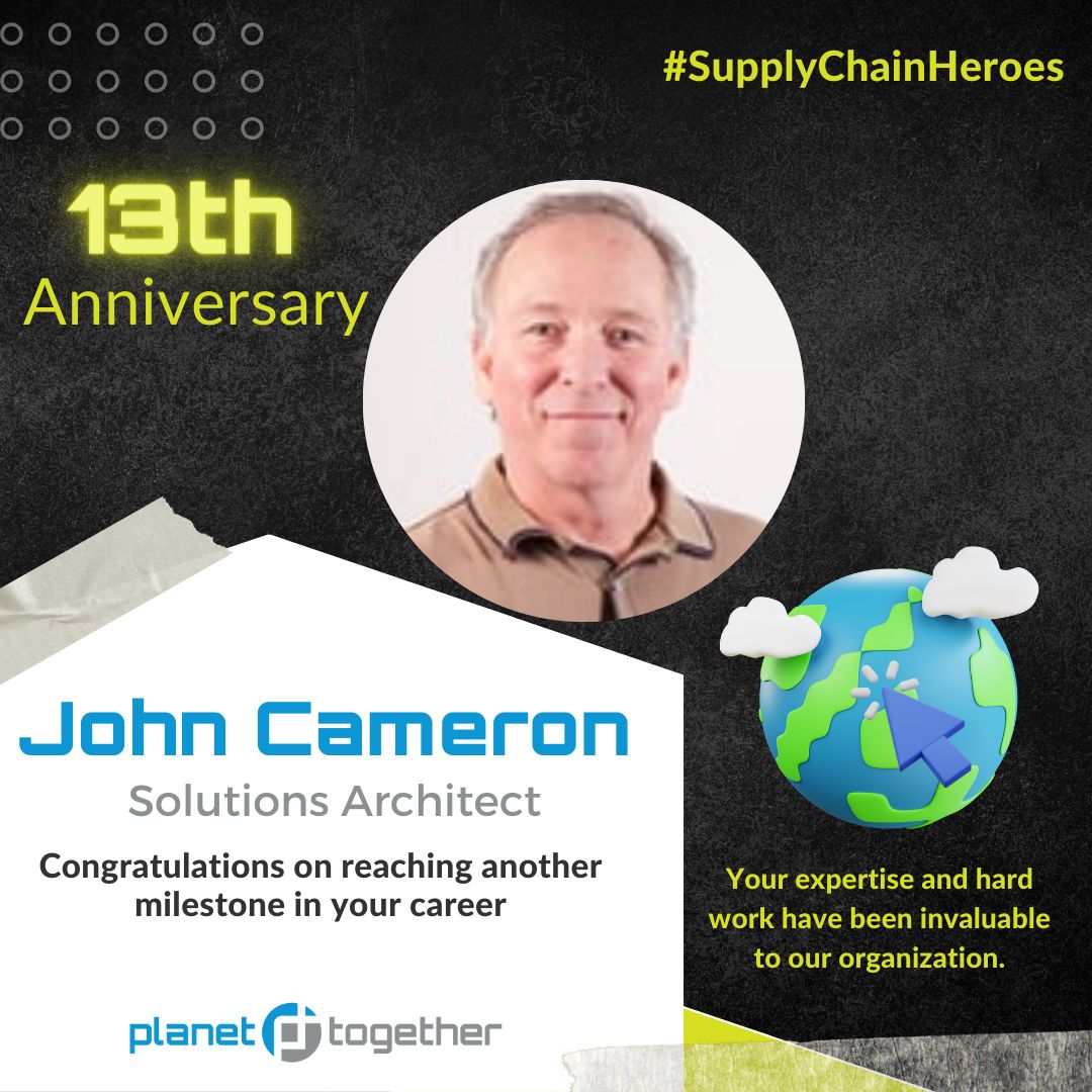 PlanetTogether's tweet image. Happy 13th job anniversary to John Cameron 🎉 , one of our Solutions Architects at PlanetTogether! Thank you for your dedication and hard work.
Join us at PlanetTogether. Apply Now: bit.ly/37Z5Azy
#supplychainheroes #advancedplanning #schedulingsolution #efficiency