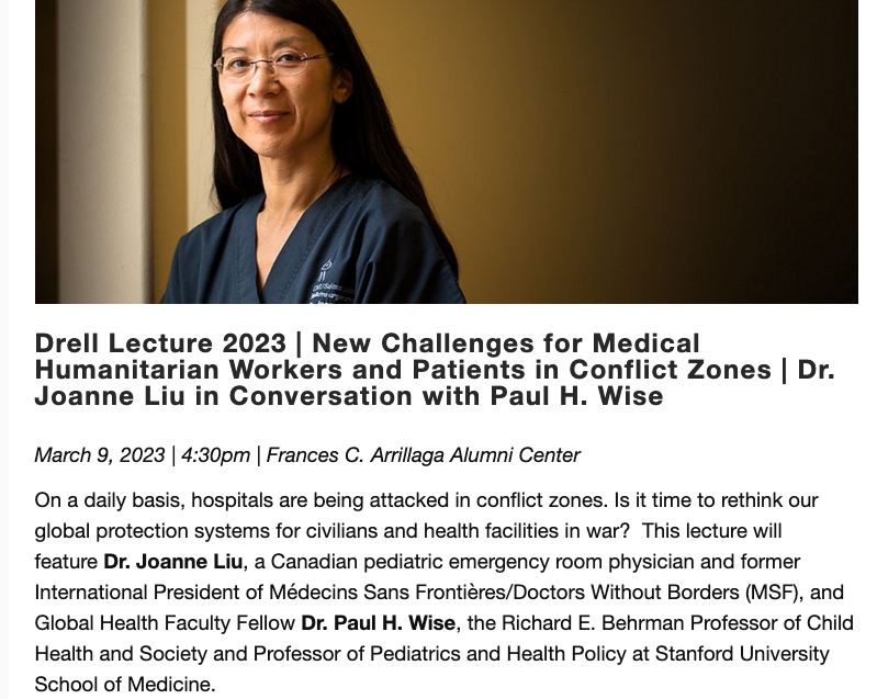 iphfonline's tweet photo. #DrellLecture2023 | New Challenges for Medical Humanitarian Workers & Patients in Conflict Zones
Dr Joanne Liu #DFAPH in Conversation with Paul H. Wise
Thur., Mar., 9, 2023 | 4:30 PM -Thur., Mar., 9, 2023 | 6:00 PM
https://t.co/OGXMXVoHeu
@TheWAAPH @ohanyidof @MSF_southafrica https://t.co/NKfoZUs8GK