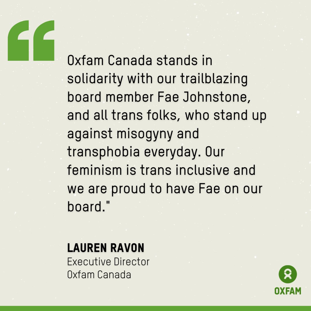 Oxfam Canada (@OxfamCanada) on Twitter photo 2023-03-03 20:12:57 @OxfamCanada stands in solidarity with @FaeJohnstone and all trans folks, who are fighting for their rights everyday.
We recognize and celebrate the diversity of all identities, and will not tolerate any hate and bigotry.
Read our statement: bit.ly/3kQuoQL @OxfamCanada stands in solidarity with @FaeJohnstone and all trans folks, who are fighting for their rights everyday.
We recognize and celebrate the diversity of all identities, and will not tolerate any hate and bigotry.
Read our statement: bit.ly/3kQuoQL