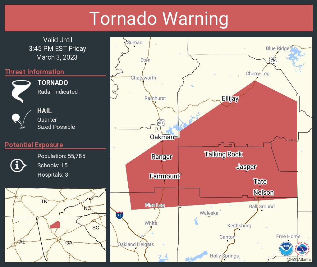 NWS Tornado on Twitter "Tornado Warning including Jasper GA, Ellijay