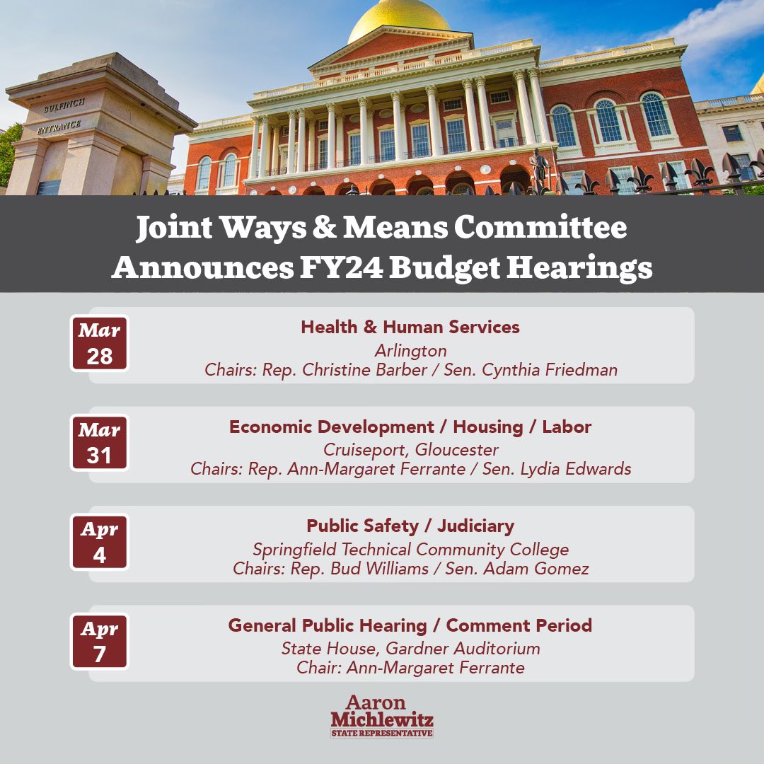 Hearings for the FY24 Budget start this Tuesday and run through April 7th with 8 different categories. In-person and remote throughout the Commonwealth. More details to come on how you can follow and participate.