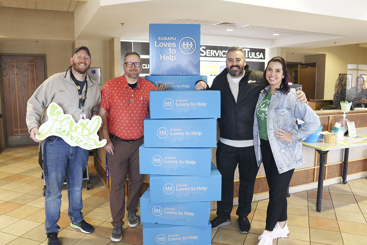 TulsaSubaru's tweet photo. As part of our #SubaruLovesToHelp initiative, we donated over 1,000 socks to the Youth Services Of Tulsa! Ferguson Subaru is grateful to be able to help make this gesture of compassion for those who find themselves without a roof over their heads. #MoreThanACarDealer 💙 https://t.co/TwlKKnsOpV