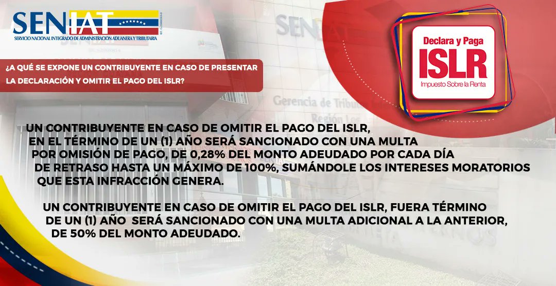 ¿A qué se expone un contribuyente en caso de presentar la declaración y omitir el pago del #ISLR? #PorVenezuelaDeclaraYPaga #SENIATPotenciaLaEconomía