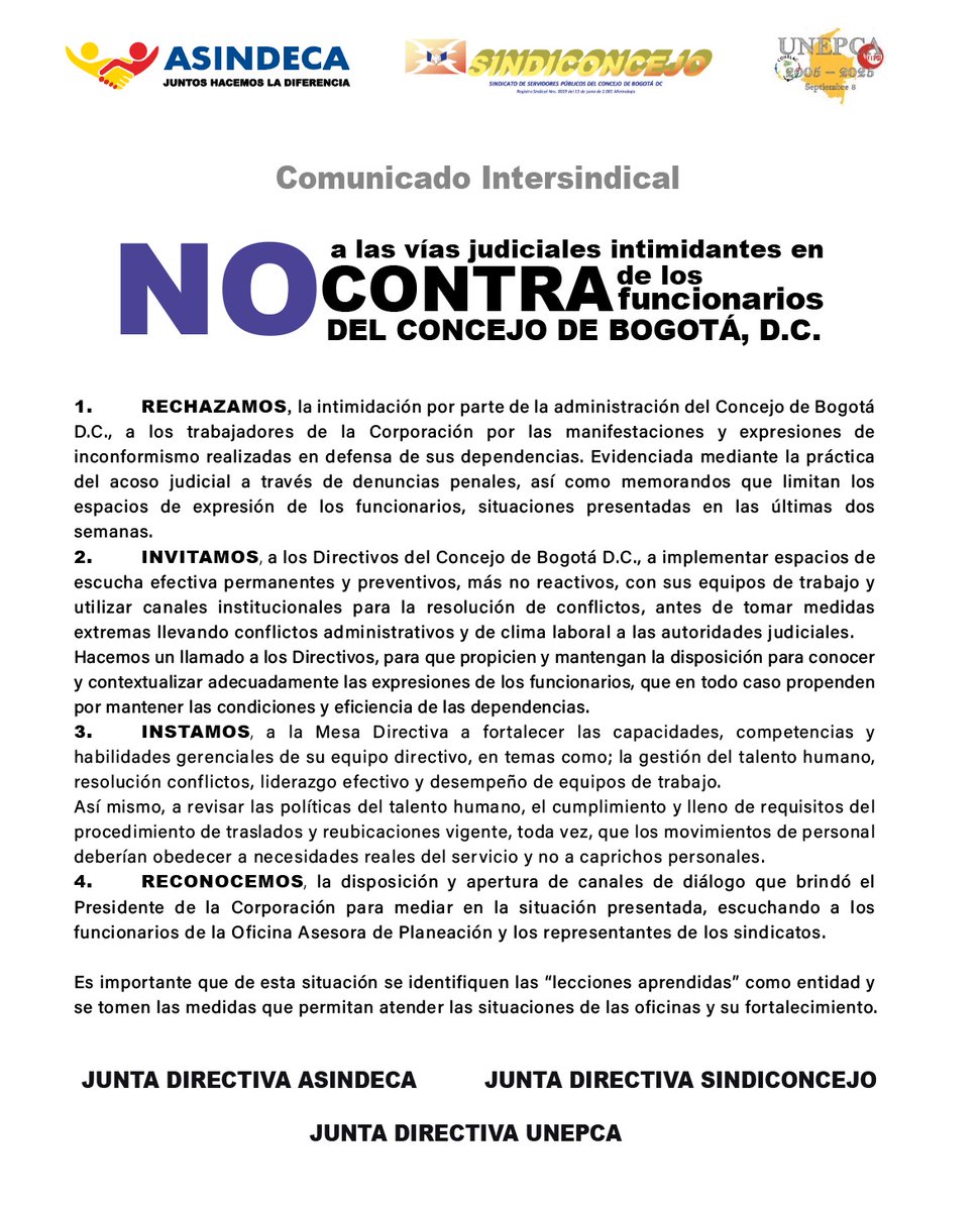 Compartimos comunicado conjunto con las diferentes organizaciones sindicales del <a href="/ConcejoDeBogota/">Concejo de Bogotá</a> 

El diálogo es el camino, la violencia no puede seguir siendo el mecanismo para dirimir los conflictos.