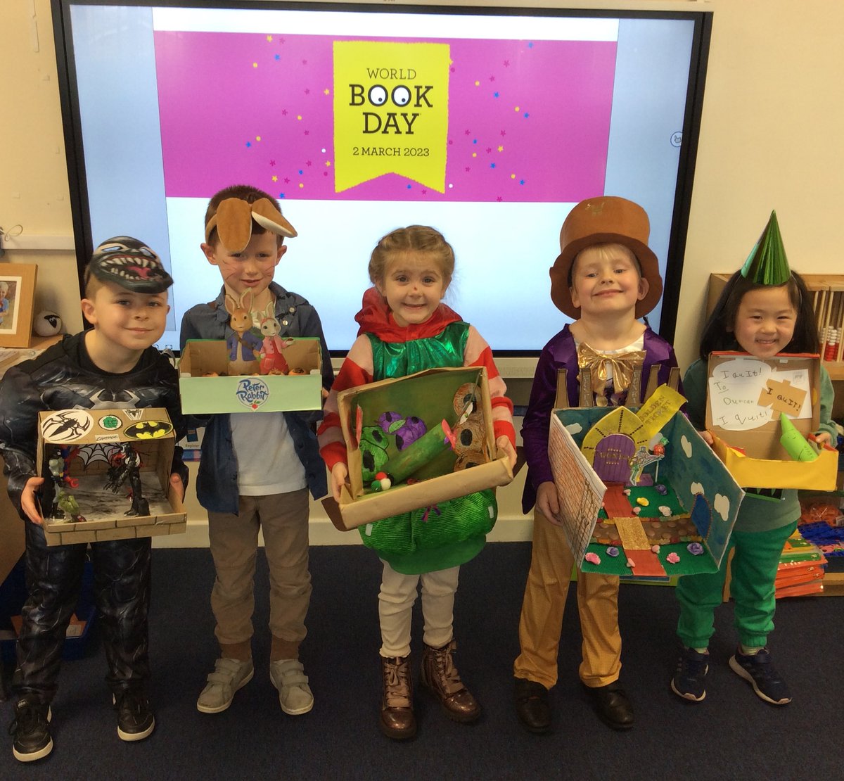 Wrenthorpe_SCH's tweet photo. Children in 1B had some magnificent creations for their 'Book in a Box'! https://t.co/SAIAkYXN7d