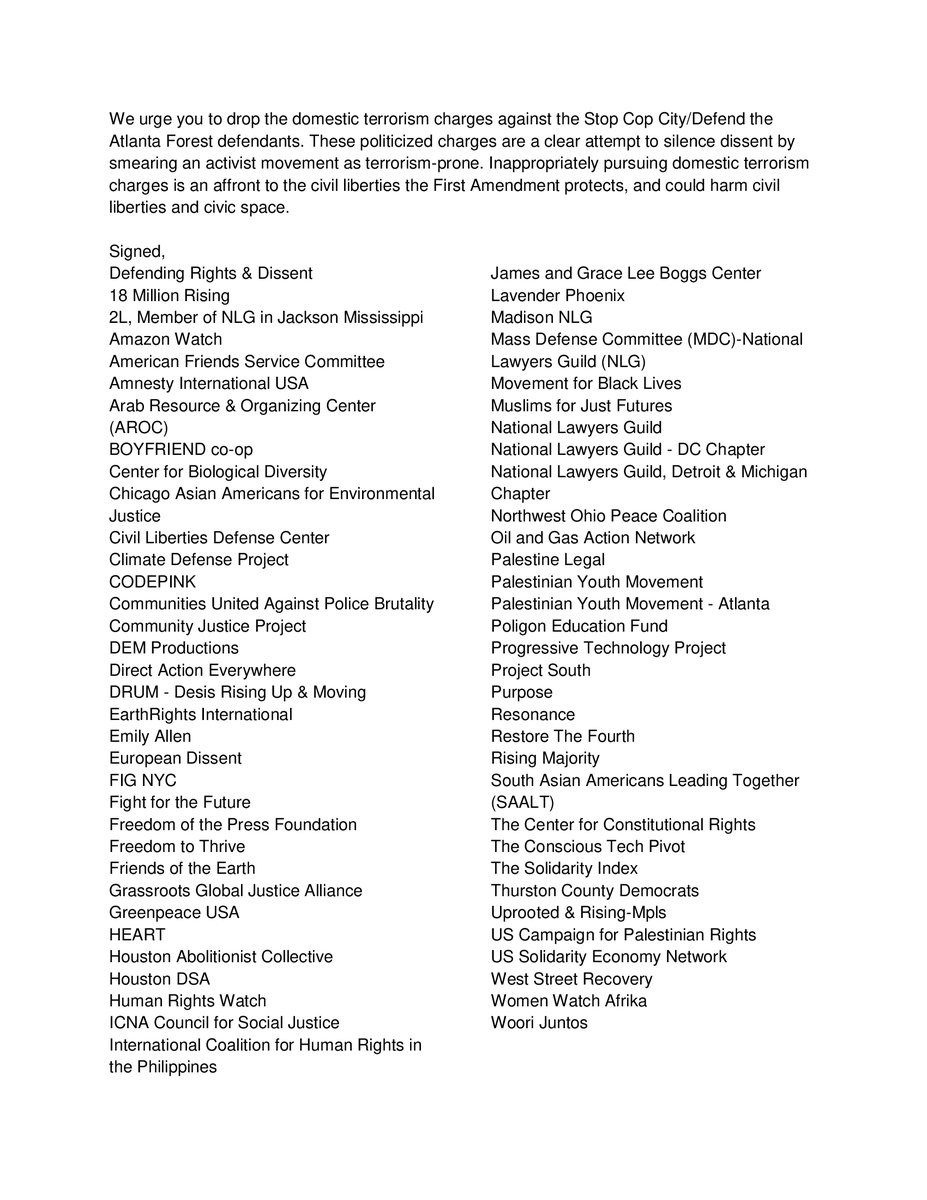 Today, 66 environmental, human rights, and civil liberties organizations sent a letter to Georgia prosecutors urging them to drop domestic terrorism charges against #StopCopCity protesters. The charges are a draconian escalation seemingly intended to chill 1A-protected activity.