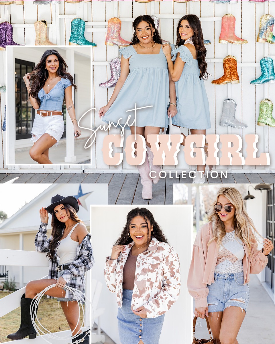 Grab your girls and get ready for the #rodeo because the Sunset Cowgirl Collection is LIVE! 🤠🌟 From #fringe and #sequins to the perfect #denim #dress, this collection makes sure no cowgirl style is left behind! Shop the collection here: bit.ly/3kSSiLs