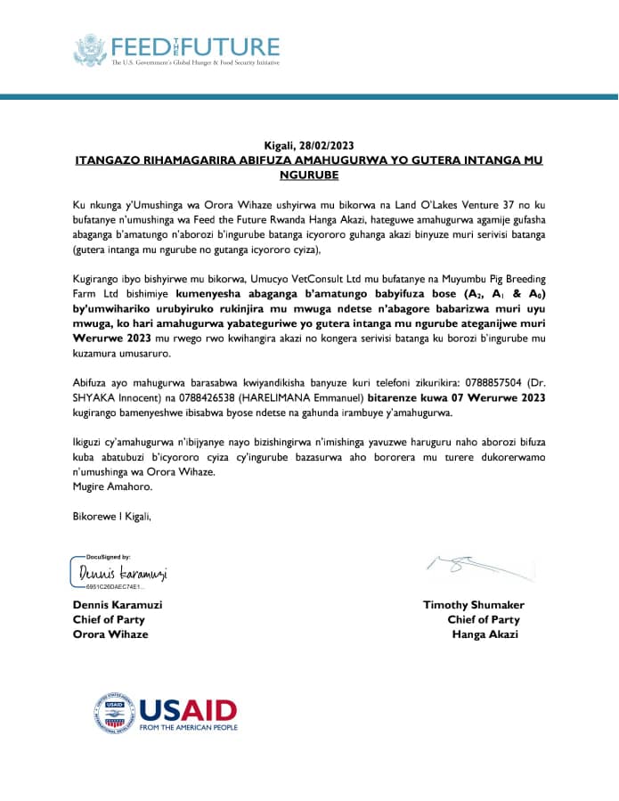 @ Privite vets, this is a good opportunity for you, especially Youth, Women and vets with disabilities.

Umucyo VetConsult Ltd will be coordinating both trainings on pig artificial insemination and commercial modern pig farming on behalf of Hanga Akazi- RTI and Orora Wihaze.