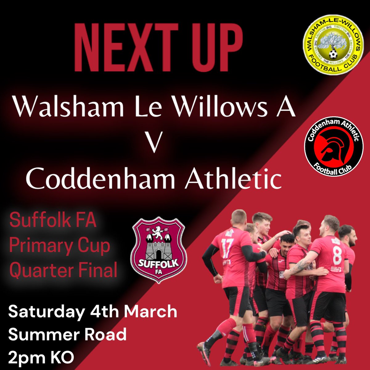 ᴄᴏᴜɴᴛʏ ᴄᴜᴘ ᴛʀɪᴘ ᴛᴏ ᴛʜᴇ ᴡɪʟʟᴏᴡꜱ

The Cod Army make the trip to Mid Suffolk to face division 4 side Walsham Le Willows ‘A’ looking to book a place in the last 4! 

#CodArmy | #CountyCup