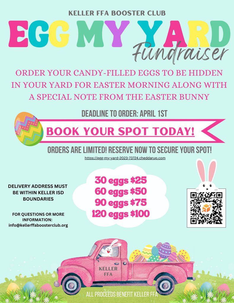 KCAL_KISD's tweet photo. Support our FFA students by booking a spot in their Egg My Yard Fundraiser! Deadline to order is April 1! @kellerisdffa
#kcal #kellercenterforadvancedlearning #kisd #kellerisd #CelebrateKISD #CTEinKISD #theKCALconnection #kellerffa https://t.co/BMOmPRILQa