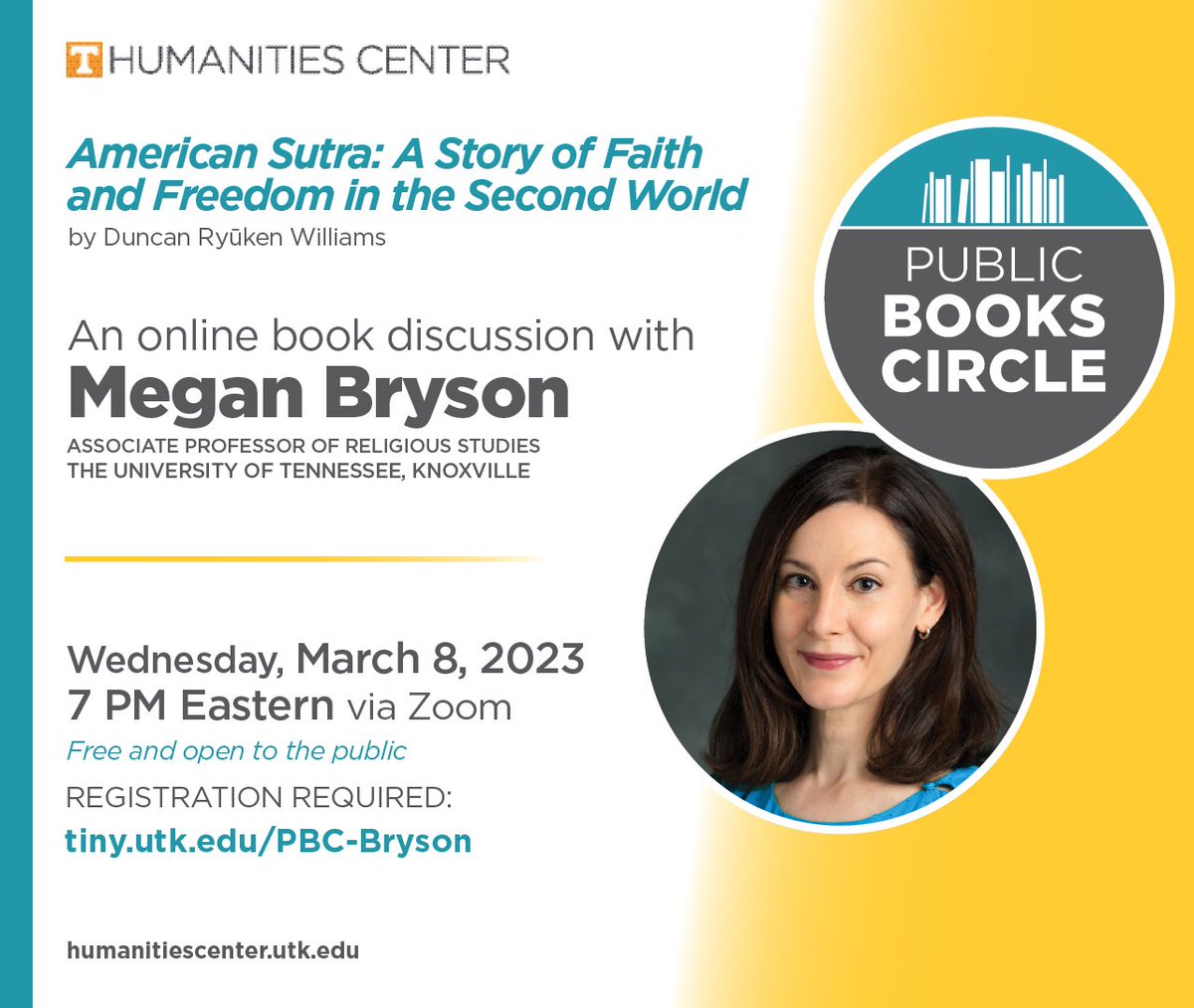 UTHumanitiesCtr's tweet photo. Do you enjoy a good conversation about a book you've read? Join @UTKreligion assoc. prof. Megan Bryson for a discussion about Buddhism, Japanese American history, &amp; Duncan Ryūken Williams' book "American Sutra" on March 8 at 7pm ET.
Register for the link @ https://t.co/LJB85UPGTW https://t.co/Pt2ugjsgIF