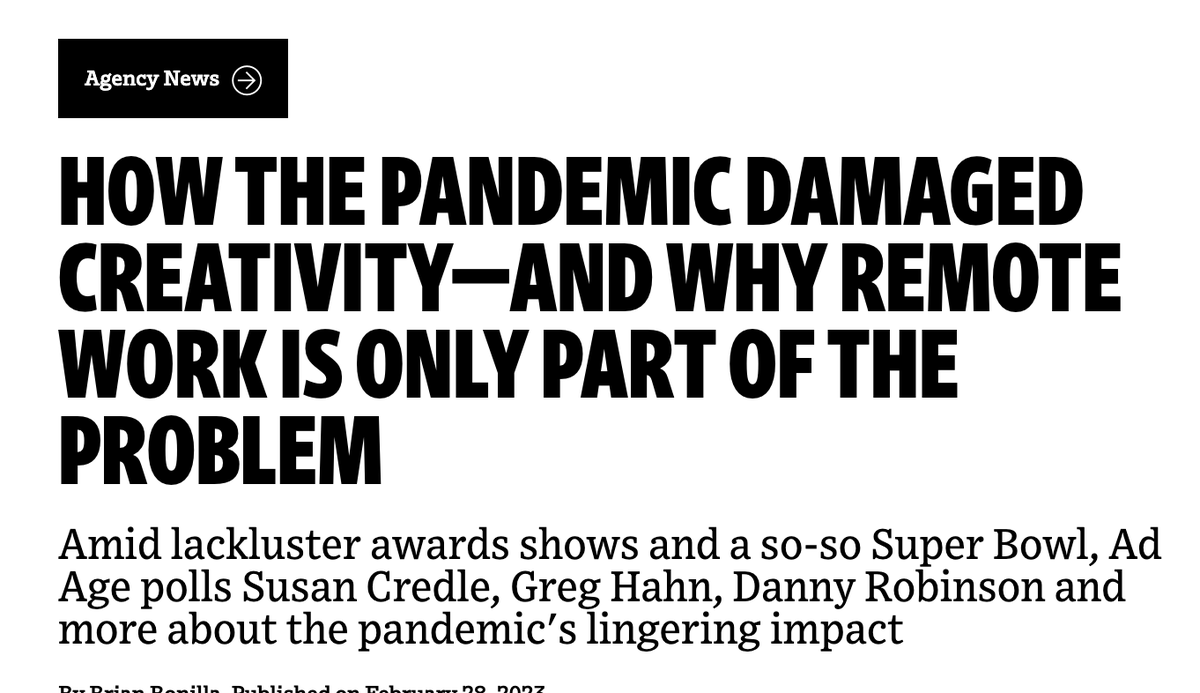 janthonylong's tweet photo. My hot take is Slack, incessant meetings, non-stop emails, shrinking deadlines, barebones budgets, and project-based relationships are far more to blame for the decline in the quality of creative than working remotely. https://t.co/zUVuZQiboX