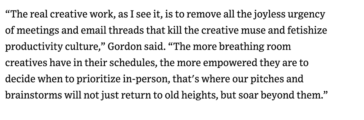 janthonylong's tweet photo. My hot take is Slack, incessant meetings, non-stop emails, shrinking deadlines, barebones budgets, and project-based relationships are far more to blame for the decline in the quality of creative than working remotely. https://t.co/zUVuZQiboX