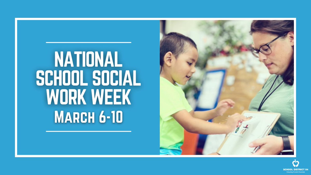 D54schools's tweet photo. It’s National School Social Work Week! All 28 D54 schools are lucky to have social workers, psychologists &amp; other guidance team members to support students’ social-emotional well-being. We are grateful for the work they do each and every day. 💙 https://t.co/s3hwC6d84t