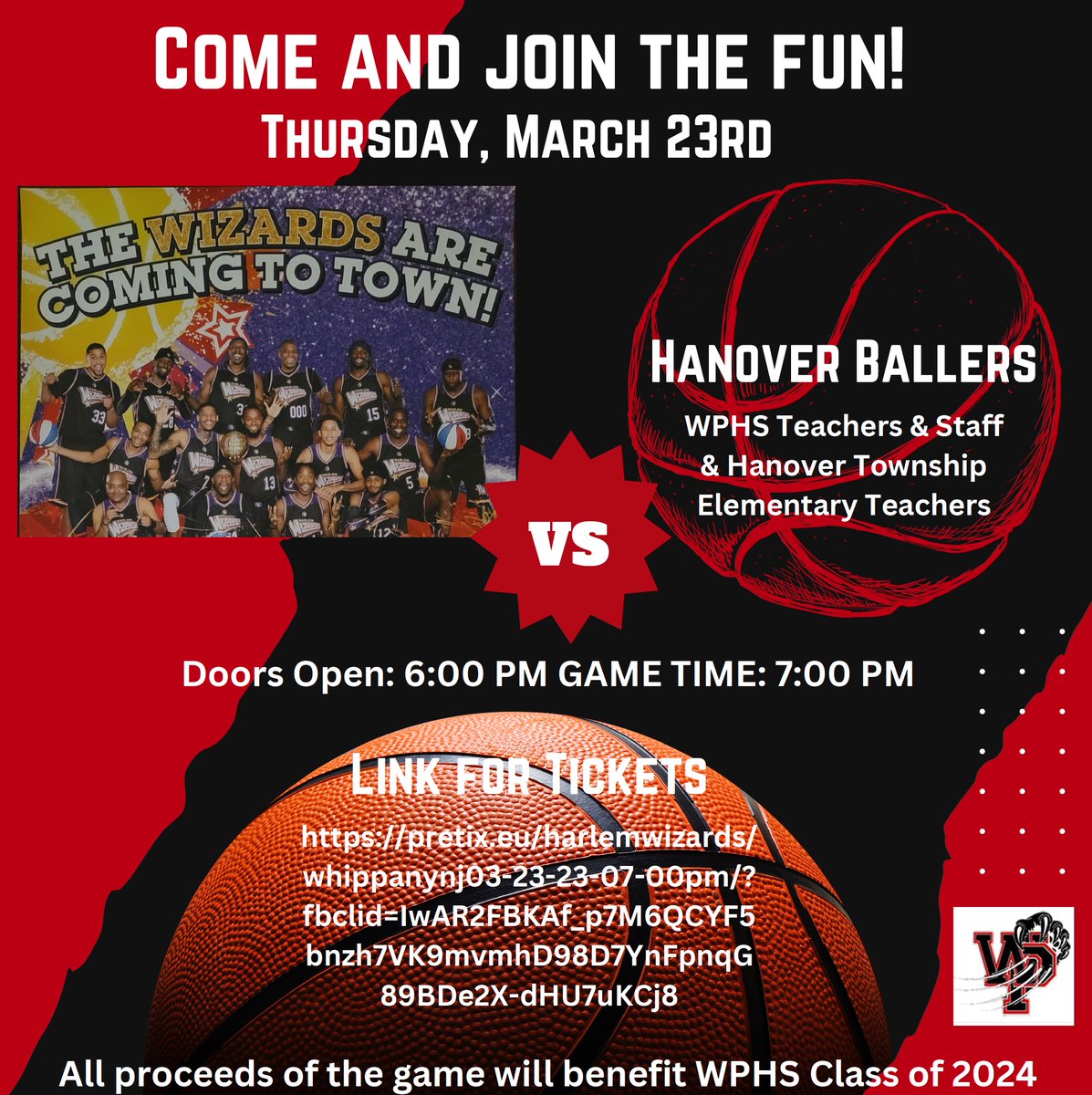 Wildcats, 
The legendary Harlem Wizards are coming to WPHS on Thursday 3/23 at 7PM.  This family friendly event is co-sponsored by the WP Class  &amp; Project Grad. of 2024.   To purchase a ticket click here harlemwizards.com/schedule-ticke… and go to March 23rd.